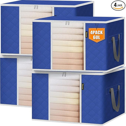 BALEINE 4 Pack Clothes Storage Bags, 16 Gallon Storage Containers with Reinforced Handle, Sturdy Zipper, Closet Organizer for Blanket, Comforter, Pillow, Bedding (Blue, 4 Pack)