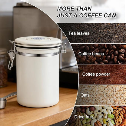 Kirecoo Stainless Steel Coffee Canister - 22OZ Airtight Coffee Bean Storage Grounds Container Holder with Date Tracker & Measuring Scoop, Kitchen Food Canister Jar for Cereal, Sugar, Tea, Flour, Gifts