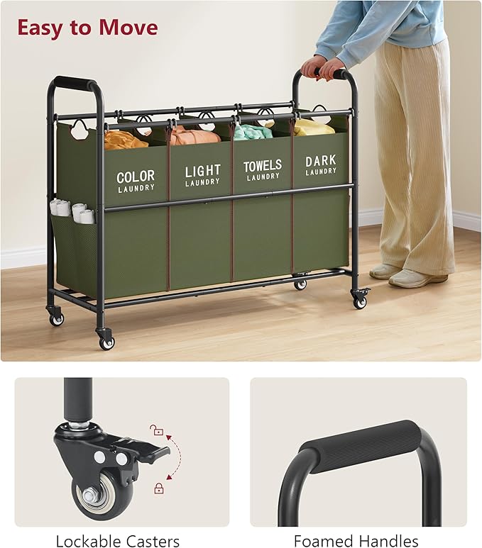 Tajsoon 4 Bag Laundry Sorter Cart, 4 Section Laundry Hamper Sorter with Heavy Duty Lockable Rolling Wheels, Laundry Separator Hamper with Removable Bags for Dirty Clothes Storage, Green