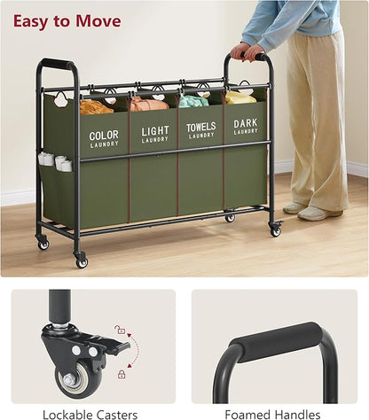 Tajsoon 4 Bag Laundry Sorter Cart, 4 Section Laundry Hamper Sorter with Heavy Duty Lockable Rolling Wheels, Laundry Separator Hamper with Removable Bags for Dirty Clothes Storage, Green