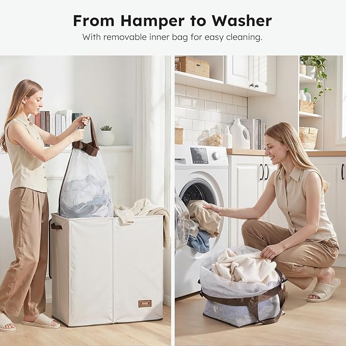 SOLEDI Large Double Laundry Hamper with Lid,165L Collapsible Clothes Hamper 2 section with Removable Bags, Space-Saving Laundry Basket for Bedroom, Dorm, College
