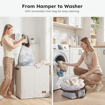 SOLEDI Large Double Laundry Hamper with Lid,165L Collapsible Clothes Hamper 2 section with Removable Bags, Space-Saving Laundry Basket for Bedroom, Dorm, College