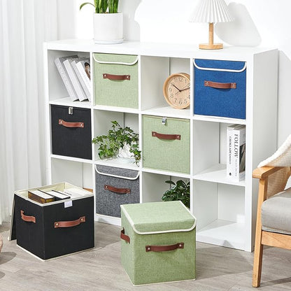 4PCS Storage Cubes with Lid Fabric Bins Boxes PU Leather Handles Cotton Linen Closet Organizer Container Decorative Foldable Washable Shelf Cloth Basket (Flip-top Lid, Deep Blue, 11in)