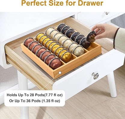 MinBoo Bamboo Coffee Pod Storage Holder Drawer Insert for Counter Compatible with Vertuoline Capsules for Kitchen, Home, Office, Coffee Station,Small