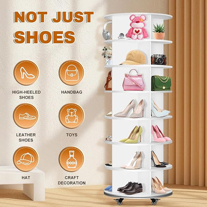 7 Tier Rotating Shoe Rack with 4 Universal Wheels, 360° Revolving Free Standing Shoe Organizer, Multifunctional Storage Revolving Shoe Rack Tower, Spinning Shoe Racks Display Lazy Susan Equipped