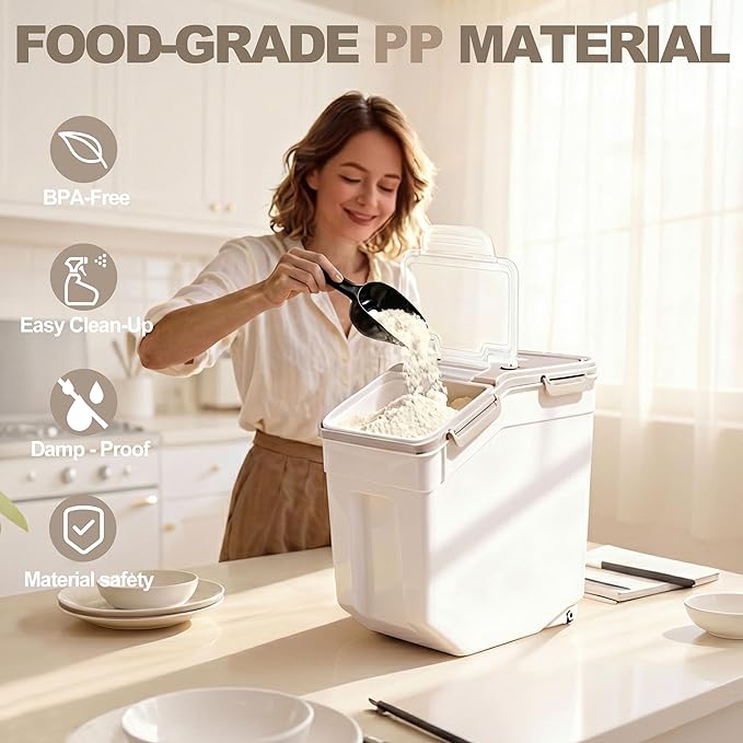 RUIAN 2Pcs Large Flour Storage Container Bin 50Lb Airtight Rice Storage Containers with Wheels Seal Locking Lid, BPA Free with Measuring Cup&Scoop for Flour, Rice, Grain 100LBS Total (Grey)