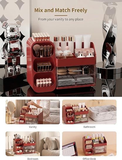 Booklov Makeup Organizer for Vanity, Large Capacity Cosmetic Display Case with Clear Acrylic Drawers, Countertop Beauty Storage Holder for Skincare, Brush Eyeshadow Lipstick, Counter Desk, Crystal Red