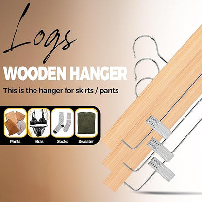 Quality 14" Slim Wooden Skirt & Pant Hangers with Clips – 20 Pack – Space-Saving 0.3" Thin Plywood Hanger – 10 lb Capacity – Adjustable Non-Slip Clips, 360° Swivel Hook (Natural, 20 Pack)