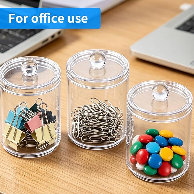 3 Pack Acrylic Qtip Holder Dispenser, for Cotton Ball, Swab, Round Pads and Floss, Small Clear Bathroom Storage Jars for Makeup Counter, Vanity Accessories
