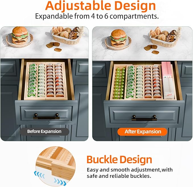 Simple Trending Bamboo Coffee Pod Holder Drawer, Expandable K Cup Pod Storage Compatible with Nespresso Vertuo Capsules, K Cup Drawer Organizer for Coffee Station, Home Office, Kitchen, Natural