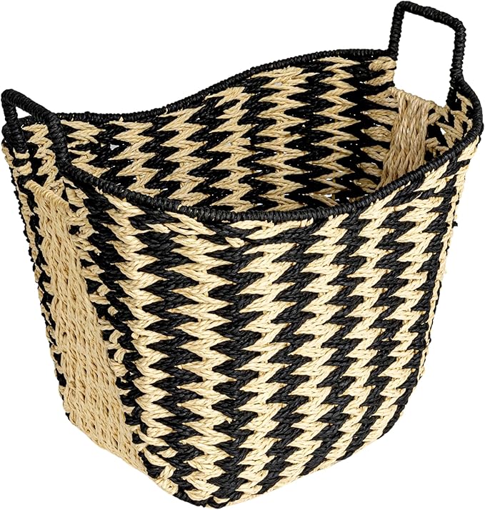 Household Essentials Zigzag Woven Paper Rope Basket, Black and Natural