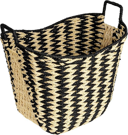 Household Essentials Zigzag Woven Paper Rope Basket, Black and Natural