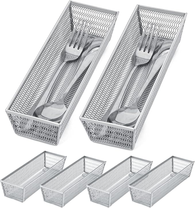 Neudeco Silverware Organizer,Mesh Drawer Organizer for Kitchen，Metal Utensil Organizer for Flatware, Knives, Spoons,Cosmetic (Silver 9 * 3 * 2 inch Pack6)