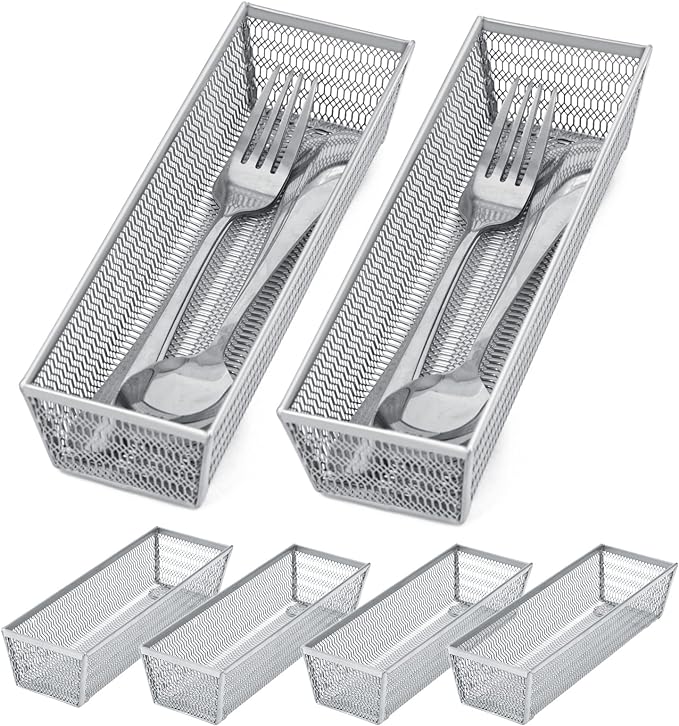 Neudeco Silverware Organizer,Mesh Drawer Organizer for Kitchen，Metal Utensil Organizer for Flatware, Knives, Spoons,Cosmetic (Silver 9 * 3 * 2 inch Pack6)