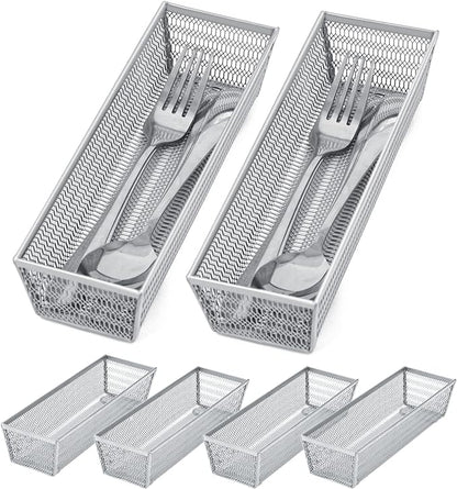 Neudeco Silverware Organizer,Mesh Drawer Organizer for Kitchen，Metal Utensil Organizer for Flatware, Knives, Spoons,Cosmetic (Silver 9 * 3 * 2 inch Pack6)