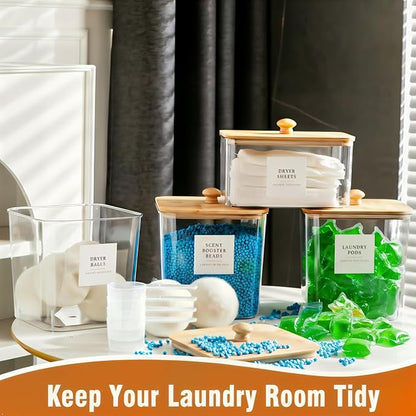 Laundry Room Organization Container, 4pcs Acrylic Laundry Pod Storage Containers, Dryer Sheet Holder Jars with Bamboo Lids and Labels for Scent Booster Powder Detergent Pods Storage