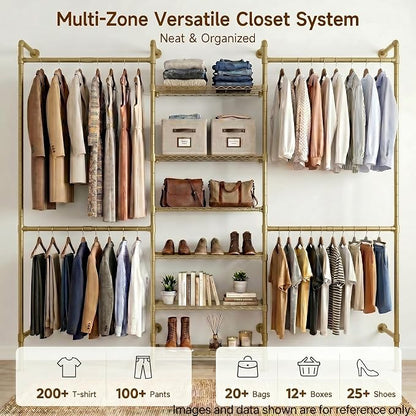 F3 Wall Mounted Closet System, Industrial Pipe Clothing Rack for Hanging Clothes, Heavy Duty Closet Organizer System, Clothes Racks with Shelves & Expandable Rod for Wardrobe, Corner, Gold