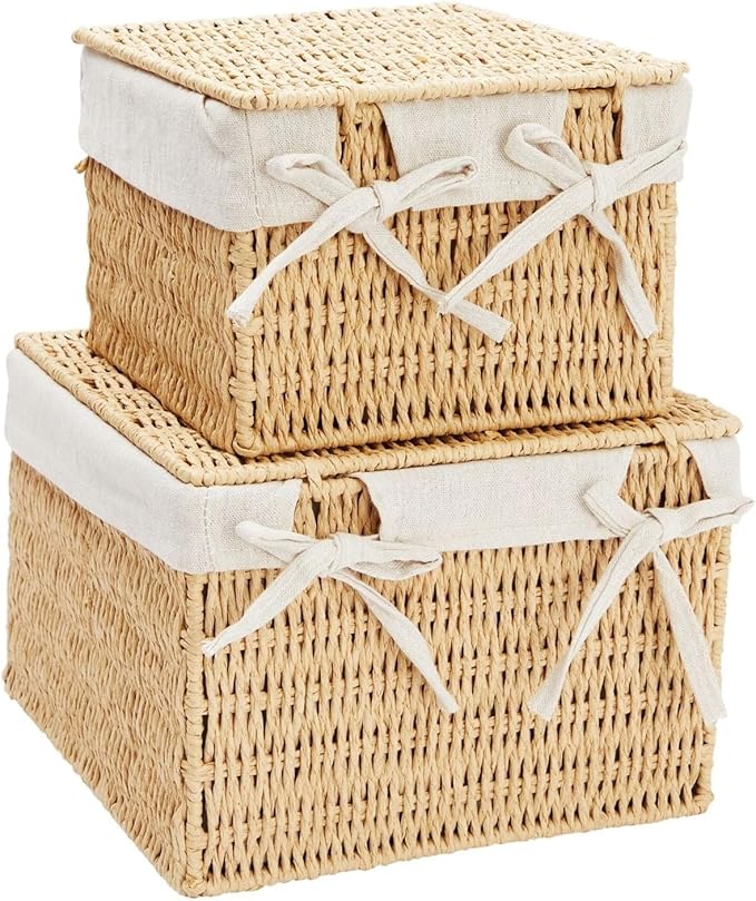Juvale Wicker Storage Bins with Lids and Insert - Set of 2, 10 x 10 x 7 in & 8 x 8 x 6 in, Brown - Rectangular Lined Baskets with Lids & Insert for Organization