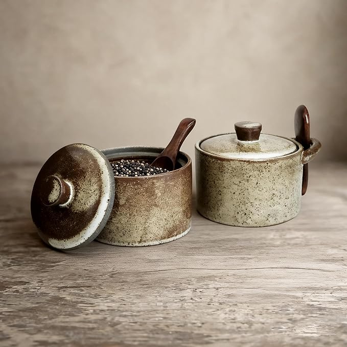 Handcrafted Speckled Ceramic Salt Cellar with Wooden Spoon, Rustic Vintage Spice Jar, Dishwasher Safe, 8.45 fl oz (Peckled Ceramic set of 2)