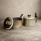 Handcrafted Speckled Ceramic Salt Cellar with Wooden Spoon, Rustic Vintage Spice Jar, Dishwasher Safe, 8.45 fl oz (Peckled Ceramic set of 2)