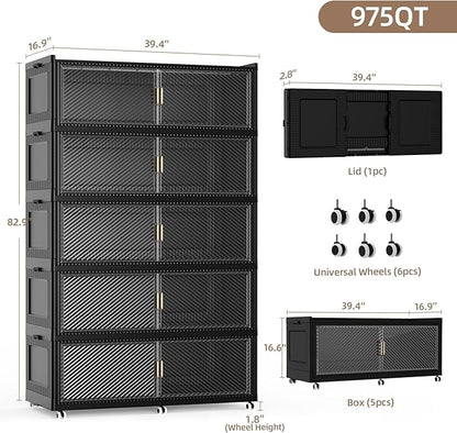 SAILUN 400Gal Extra Large Stackable Storage Bins with a Lid, Collapsible Storage Bins With Doors and Wheels, Foldable Storage Cabinet for Garage Closet Organization, Black, 5Pack 39.4" W