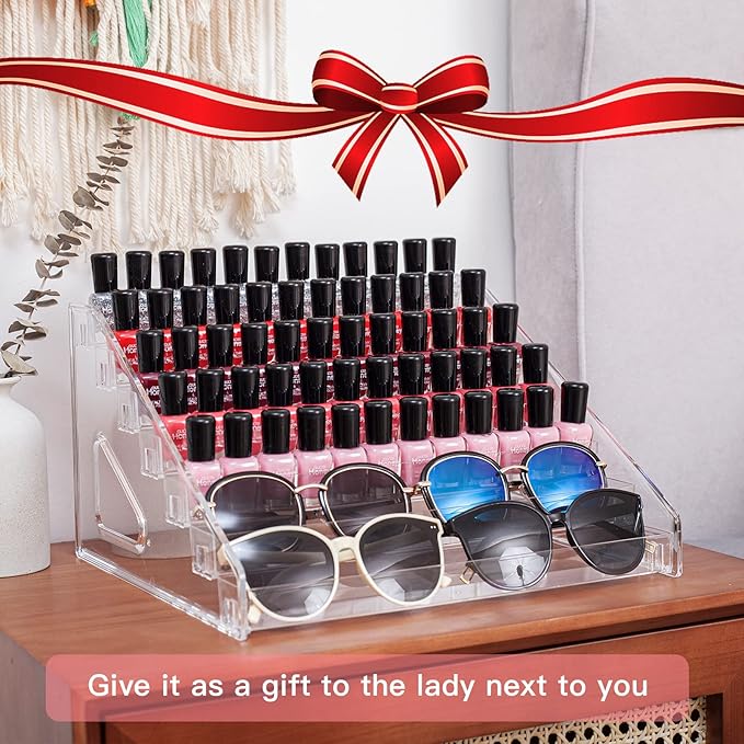 7-Tier Nail Polish & Sunglasses Organizer | Screwless Cosmetic Display Shelf for Makeup, Jewelry, Eyeglasses Storage | Non-Slip Bathroom Vanity Shelf for Essential Oils