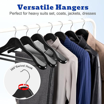 HOUSE DAY High-Grade Suit Hangers, Wide Shoulder Wooden Hangers with Non Slip Pants Bar, Smooth Finish 360° Swivel Hook Solid Wood Coat Hangers for Dress, Jacket, Heavy Clothes Hanger 6 Pack (Black)