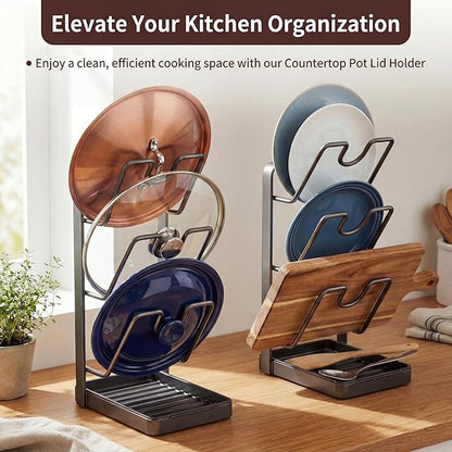 Didaey 2 Pack Pot Lid Organizer Rack 6-Tier Pot Lid Holder While Cooking Carbon Steel Kitchen Cover Storage Rack Multifunctional Stand for Countertop Stove Top Cabinet Shelf Spoon