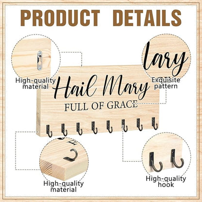 Colingmill Large Wooden Rosary Holder Wall Mounted with 8 Hangers Catholic Rosary Storage Organizer Decorative Hanger Holder for Necklace, Bracelet Prayer Storage (Natural)