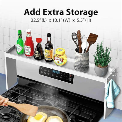 IIIOIIIA Bamboo Over the Stove Spice Shelf for Kitchen, 31.5" Spice Rack Organizer Shelf with 6 hooks, 11.4" Height Extra Storage Countertop, Easy to Assemble, White