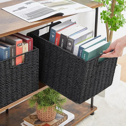 Vagusicc Wicker Storage Basket, Set of 2 Hand-Woven Paper Rope Wicker Basket, Small Storage Baskets for Organizing Toilet Paper Basket, Foldable Large Cube Storage Organizer Bins for Shelves (Black)