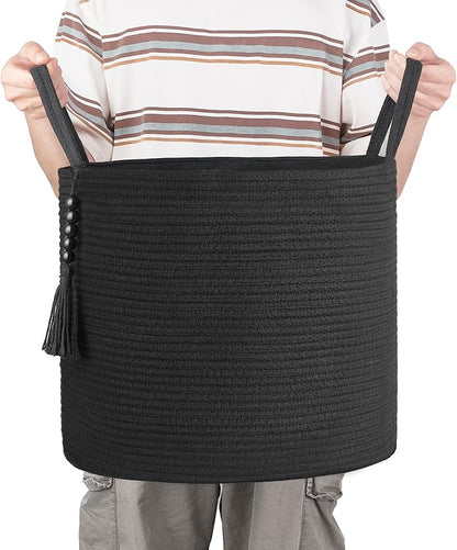 Mkono Woven Storage Basket Decorative Natural Rope Basket Wooden Bead Decoration for Blankets,Toys,Clothes,Shoes,Plant Organizer Bin with Handles Living Room Home Decor, 16" W×13.8" L, Black