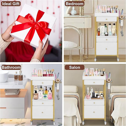 Makeup Organizer Cart with 3 Drawers, Rolling Vanity Organizer with Adjustable Dividers, Detachable Hair Tool Holder, Lockable Wheels for Small Spaces, Gold & White