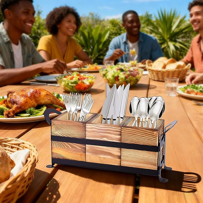 Wood Utensil Holder Silverware Caddy with Metal Rack Detachable Utensil Caddy for Party Flatware Organizer for Kitchen Forks Spoons Knives Storage