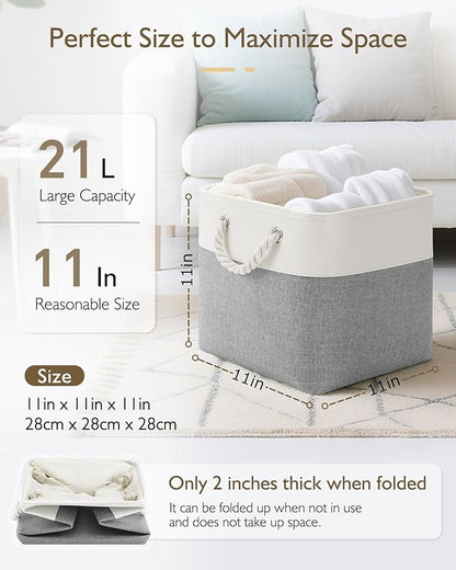 Patvingot 11 Inch Cube Storage Bins, 4 Pack Fabric Storage Cubes with Rope Handles, Organizer Baskets for Closet Shelves, Clothes and Home Organization(White/Gray)