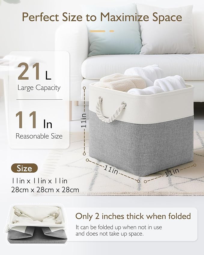 Patvingot 11 Inch Cube Storage Bins, 6 Pack Fabric Storage Cubes with Rope Handles, Organizer Baskets for Closet Shelves, Clothes and Home Organization(White/Gray)