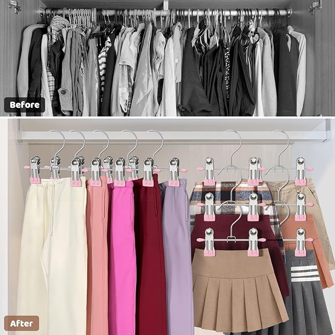 12 Pack Baby Hangers with Clips, 360°Rotatable Toddler Pant Hangers with Clips, Non-Slip Space Saving Kids Hanger for Newborn Children Clothes Skirts Boots Closet Organizers, Pink