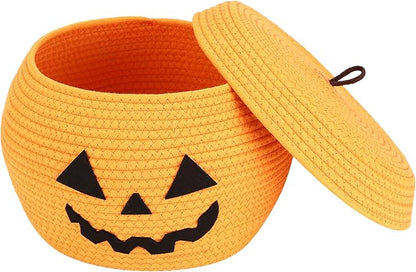 Sea Team Round Cotton Rope Storage Basket with Lid, Halloween Pumpkin Woven Storage Bin, Pot, Caddy, Organizer, Container for Snacks, Towels, Plants, 13 x 9 Inches (Large, Orange)