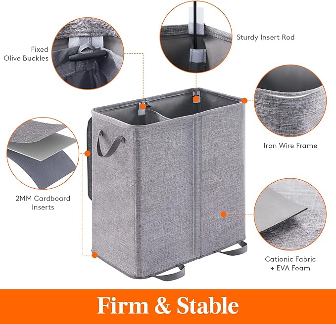Lifewit Double Laundry Hamper with Lid and Removable Laundry Bags, Large Collapsible 2 Dividers Dirty Clothes Basket with Handles for Bedroom, Laundry Room, Closet, Bathroom, College, 136L Gray