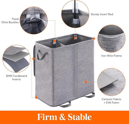Lifewit Double Laundry Hamper with Lid and Removable Laundry Bags, Large Collapsible 2 Dividers Dirty Clothes Basket with Handles for Bedroom, Laundry Room, Closet, Bathroom, College, 136L Gray