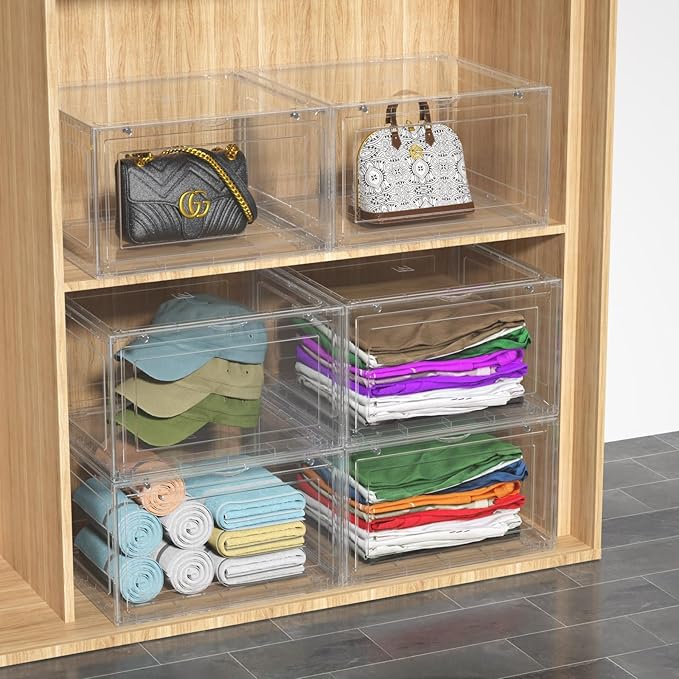 12 Packs Large Acrylic Clear Shoe Boxes with Magnetic Door, Strong Stackable Shoe Organizers, Sneaker Containers, Boot Display Case Up to US Size 15