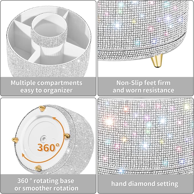 fanado Bling Diamond Makeup Brush Holder, 360° Rotating Makeup Organizer, 5 Slot Make up Brushes Cup for Countertop, Storage for Cosmetics Pen Eyeliner Skincare on the Vanity (Diamond white)