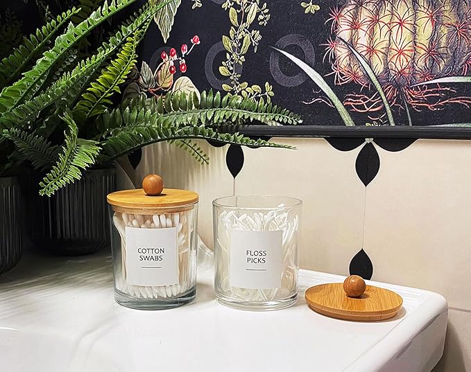 Glass Apothecary Jars with Bamboo Lids for Bathroom Organization, Q tip Holder and Cotton Ball Holder are Great for Farmhouse Decor, Rustic Bathroom Decor-2 Pack