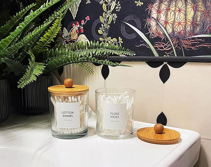 Glass Apothecary Jars with Bamboo Lids for Bathroom Organization, Q tip Holder and Cotton Ball Holder are Great for Farmhouse Decor, Rustic Bathroom Decor-2 Pack