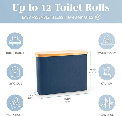LONBET Toilet Paper Storage for 12 Rolls, Stackable & Foldable - The Ultimate Bathroom Organizer - Waterproof Basket with Bamboo Lid - Elegant Toilet Paper Storage Holder, Blue