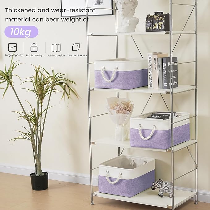 Large Storage Baskets- 15.7x11.8x8.26 inch Storage Bins for Shelves and Closet Organizing, Foldable Fabric Bin for Home Organization Clothes and Laundry (1-Pack, White&Purple)