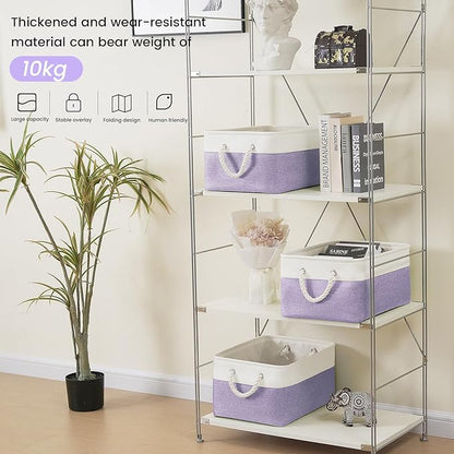 Large Storage Baskets- 15.7x11.8x8.26 inch Storage Bins for Shelves and Closet Organizing, Foldable Fabric Bin for Home Organization Clothes and Laundry (3-Pack, White&Purple)