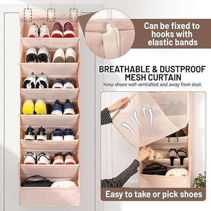 7 Tier Over The Door Shoe Organizer, Hanging Shoe Rack for Closet with Dustproof Mesh Curtain & 6 Side Pockets, Behind The Door Narrow Shoe Holder Hanger for Sneakers, Boots (Beige)
