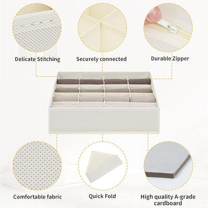 Joyoldelf Sock Drawer Organizer Divider Underwear Organizer 16-cell Fabric Dresser Drawer Organizers Storage Boxes for Socks Lingerie, Handkerchiefs, Ties 4 Pack (Beige)