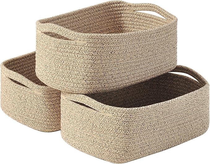ICERZCZ Small Baskets for Organizing, Woven Storage Baskets for Shelves, Small Rope Basket for Storage, Decorative Little Baskets for Gifts Empty, 13"×8.5"×5.1" (3 Packs) Brown